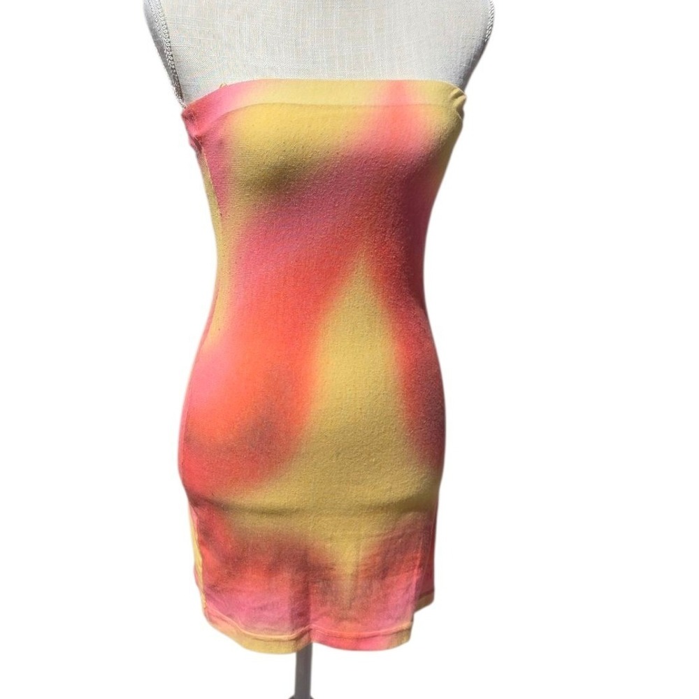 With Jean Frankie ziggy Tie Dye Mini Dress Bodycon Strapless Yellow Pink XS - Picture 4 of 11